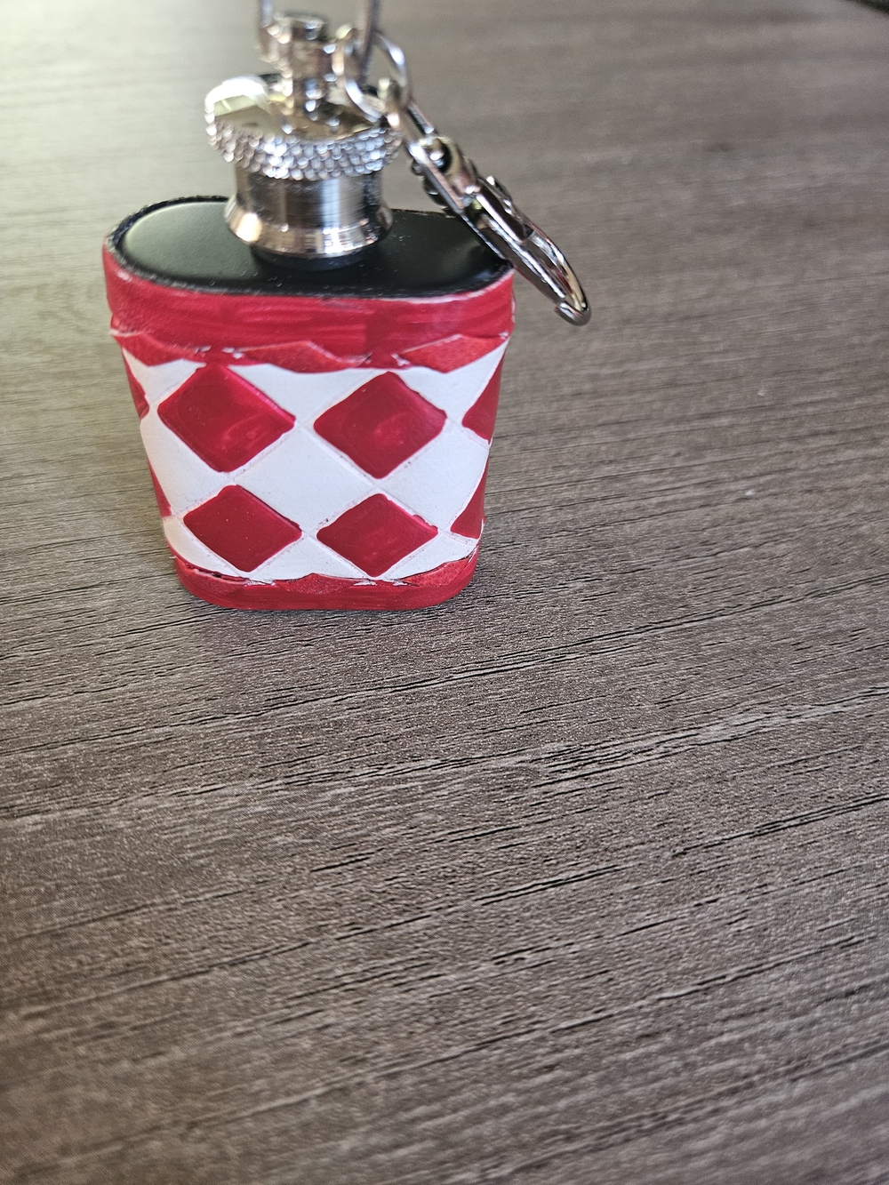 Leather And Hand Painted Red and White Diamond Keychain Flask -NWOT